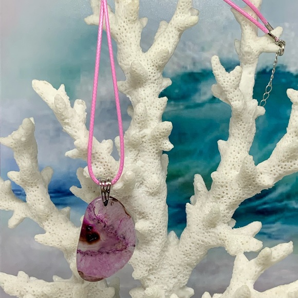 Pink Druzy Geode Agate Slice Pendant Necklace on Waxed Cotton Cord Handmade - Picture 3 of 14